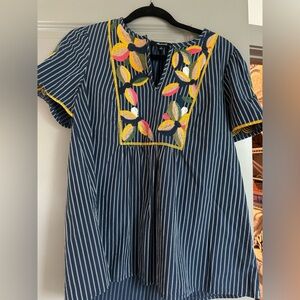 Madewell short sleeve striped shirt with floral embroidery